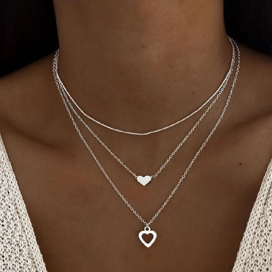 Silver Double Love Pendant Multi-Layer Necklace for Women - Elegant and Modern Three Piece Set